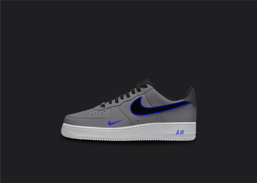 Custom Nike AF1 sneakers in shades of gray and blue. The gray base of the shoe features blue accents on the Nike logo, base and sole. The hand-painted design adds a unique touch to these one-of-a-kind sneakers.