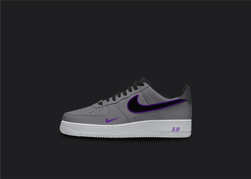 Custom Nike AF1 sneakers in shades of gray and purple. The gray base of the shoe features purple accents on the Nike logo, base and sole. The hand-painted design adds a unique touch to these one-of-a-kind sneakers.