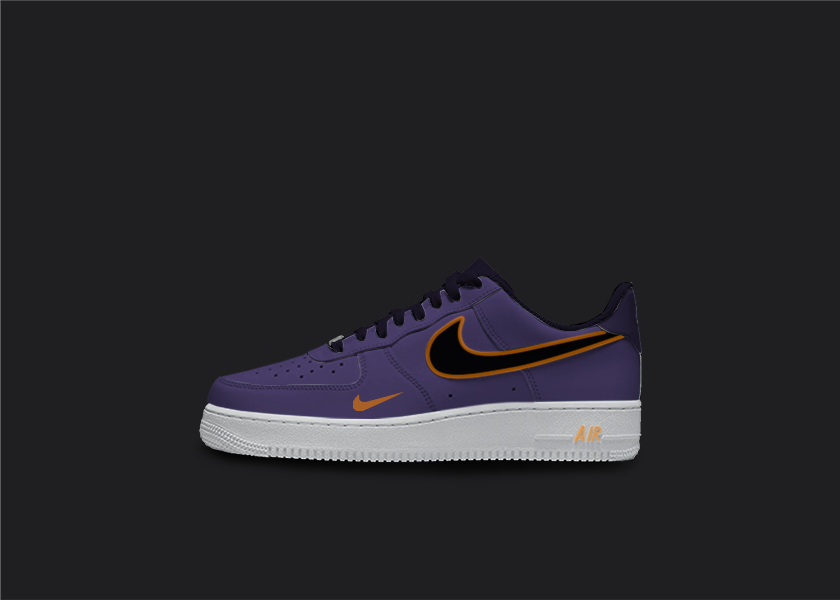 The Custom Nike AF1 sneakers are painted in a blend of purple and orange hues. The base of the shoe is purple and adorned with orange highlights on the Nike logo, sole, and base. 