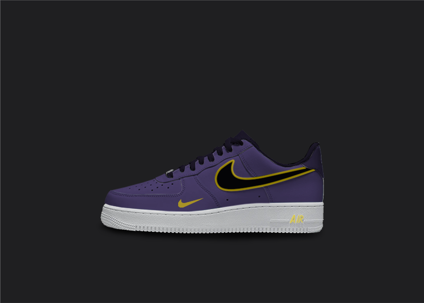 The Custom Nike AF1 sneakers are painted in a blend of purple and yellow hues. The base of the shoe is purple and adorned with yellow highlights on the Nike logo, sole, and base. 