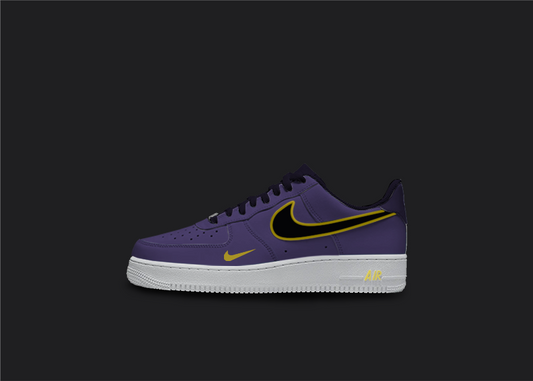The Custom Nike AF1 sneakers are painted in a blend of purple and yellow hues. The base of the shoe is purple and adorned with yellow highlights on the Nike logo, sole, and base. 
