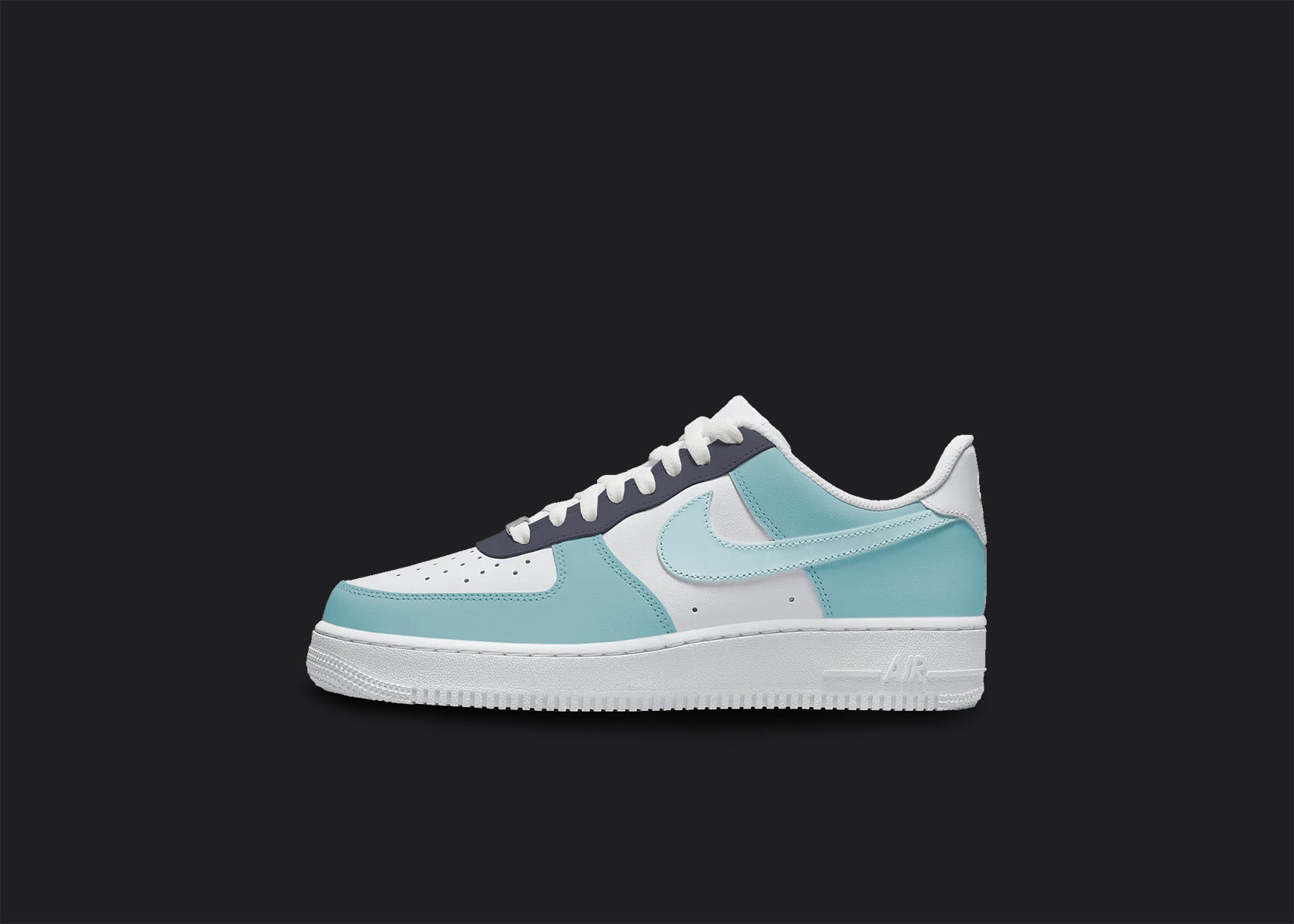The image is of a Custom Nike Air force 1 sneaker on a blank black background. The custom sneaker are painted in lighter blue and gray colors. 