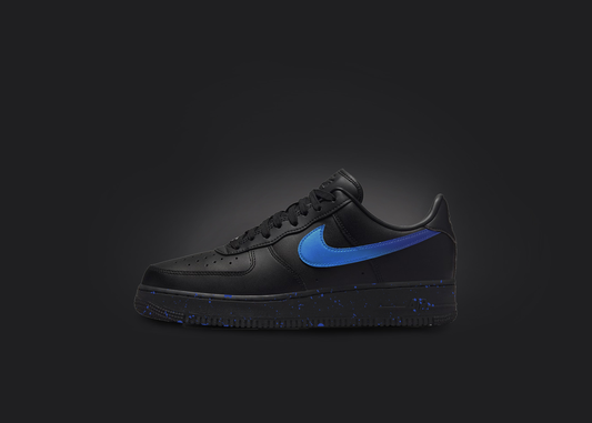 Custom black Air Force 1 sneaker with unique blue splatter sole and fade blue toned swoosh design.