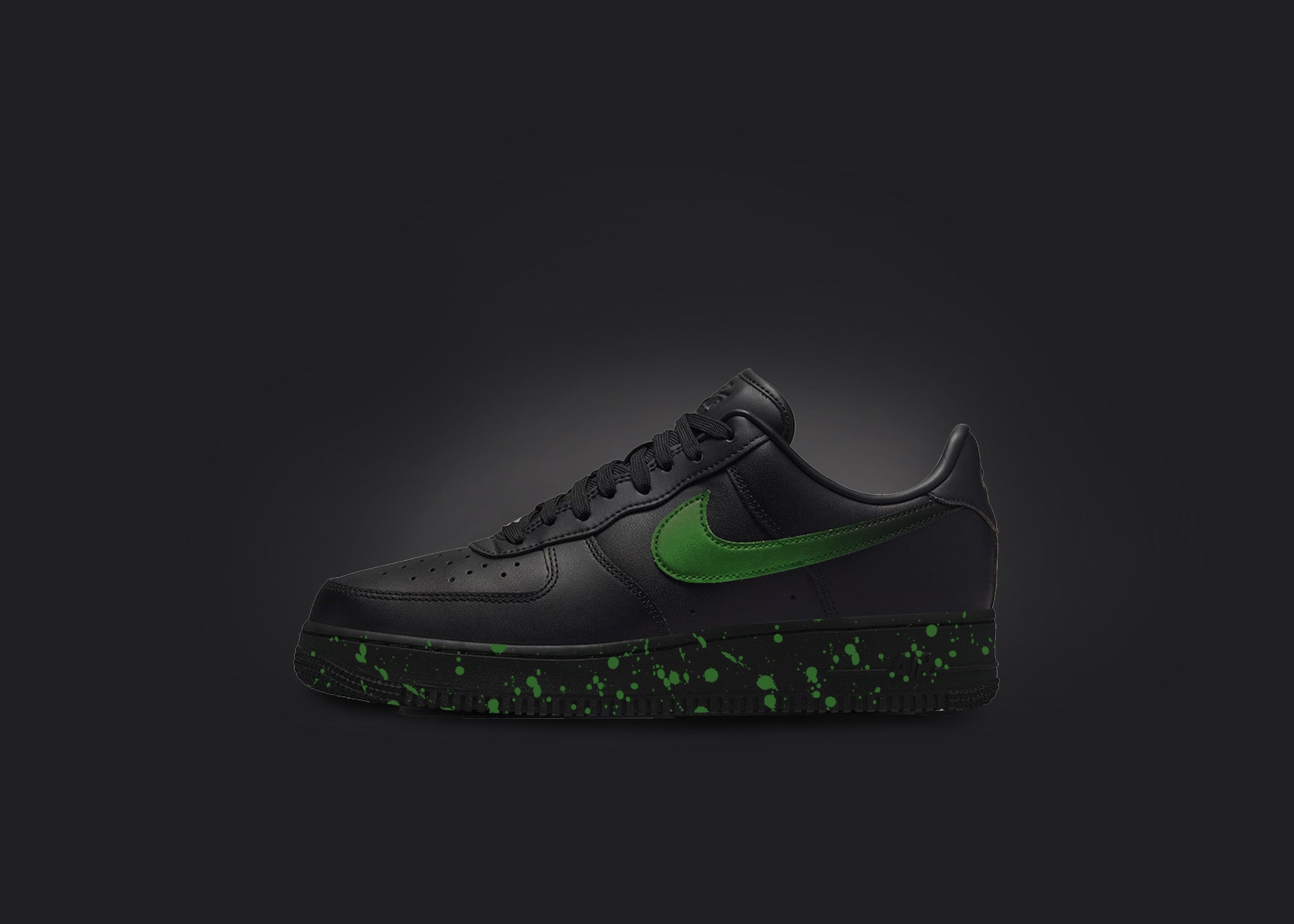 Custom Black Air Force 1 - Green Splatter, hand-painted custom sneaker by Wokecustoms