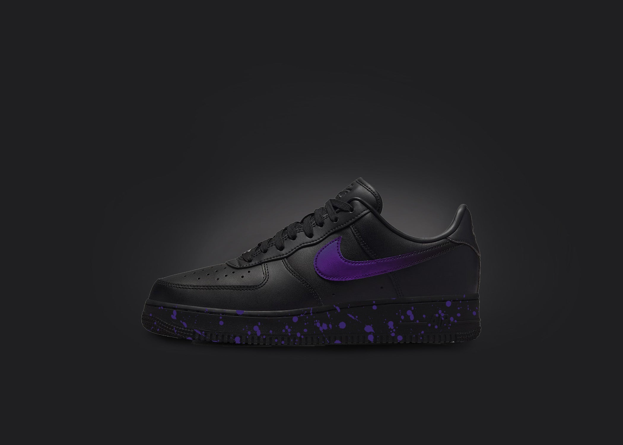Custom Black Air Force 1 - Purple Splatter, hand-painted custom sneaker by Wokecustoms