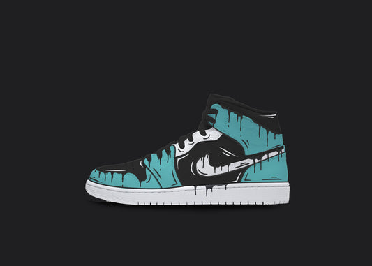 Custom Nike jordan 1s are displayed on a dark blank background. The sneakers feature a white sole with various custom painted sections. The Nike logo has a black dripping design, whereas the front strip and back of the sneakers have a blue and black cartoon design. The custom sneakers' laces are in black color.