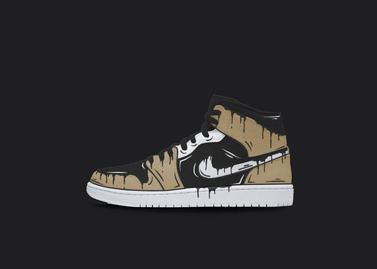 Custom Nike jordan 1s are displayed on a dark blank background. The sneakers feature a white sole with various custom painted sections. The Nike logo has a black dripping design, whereas the front strip and back of the sneakers have a beige and black cartoon design. The custom sneakers' laces are in black color.