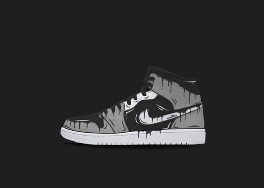 Custom Nike jordan 1s are displayed on a dark blank background. The sneakers feature a white sole with various custom painted sections. The Nike logo has a black dripping design, whereas the front strip and back of the sneakers have a gray and black cartoon design. The custom sneakers' laces are in black color.