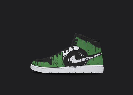 Custom Nike jordan 1s are displayed on a dark blank background. The sneakers feature a white sole with various custom painted sections. The Nike logo has a black dripping design, whereas the front strip and back of the sneakers have a green and black cartoon design. The custom sneakers' laces are in black color.
