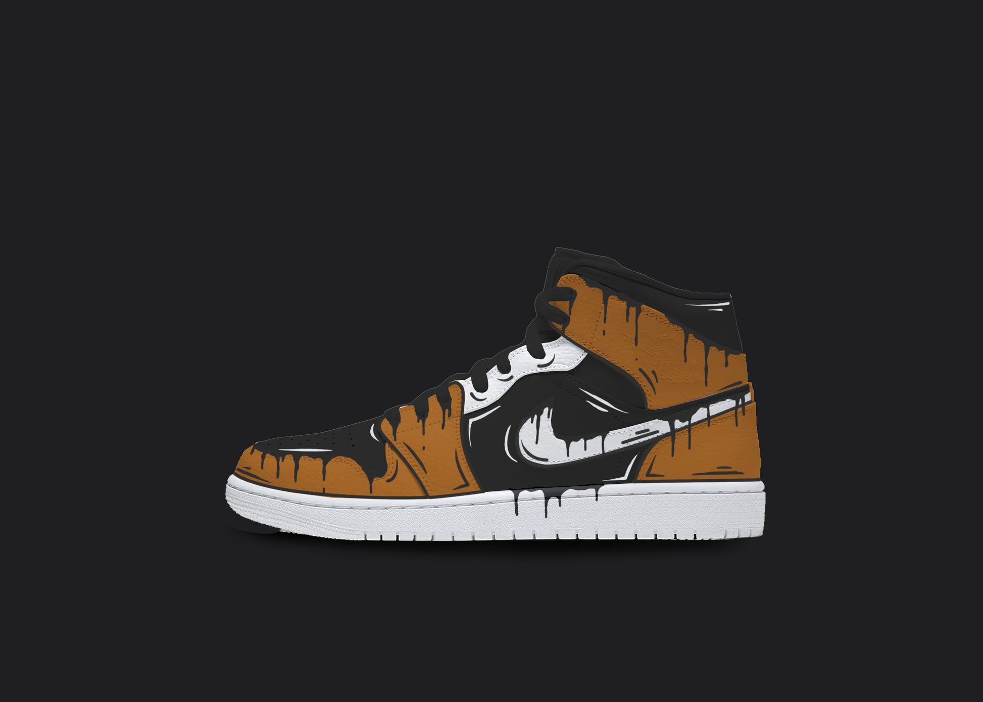 Custom Nike jordan 1s are displayed on a dark blank background. The sneakers feature a white sole with various custom painted sections. The Nike logo has a black dripping design, whereas the front strip and back of the sneakers have a orange and black cartoon design. The custom sneakers' laces are in black color.