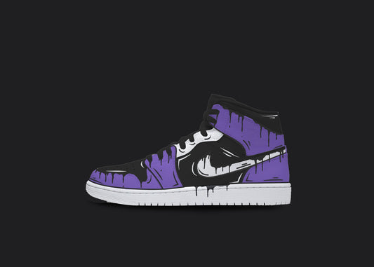 Custom Nike jordan 1s are displayed on a dark blank background. The sneakers feature a white sole with various custom painted sections. The Nike logo has a black dripping design, whereas the front strip and back of the sneakers have a purple and black cartoon design. The custom sneakers' laces are in black color.