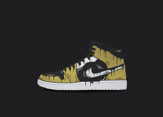 Custom Nike jordan 1s are displayed on a dark blank background. The sneakers feature a white sole with various custom painted sections. The Nike logo has a black dripping design, whereas the front strip and back of the sneakers have a yellow and black cartoon design. The custom sneakers' laces are in black color.