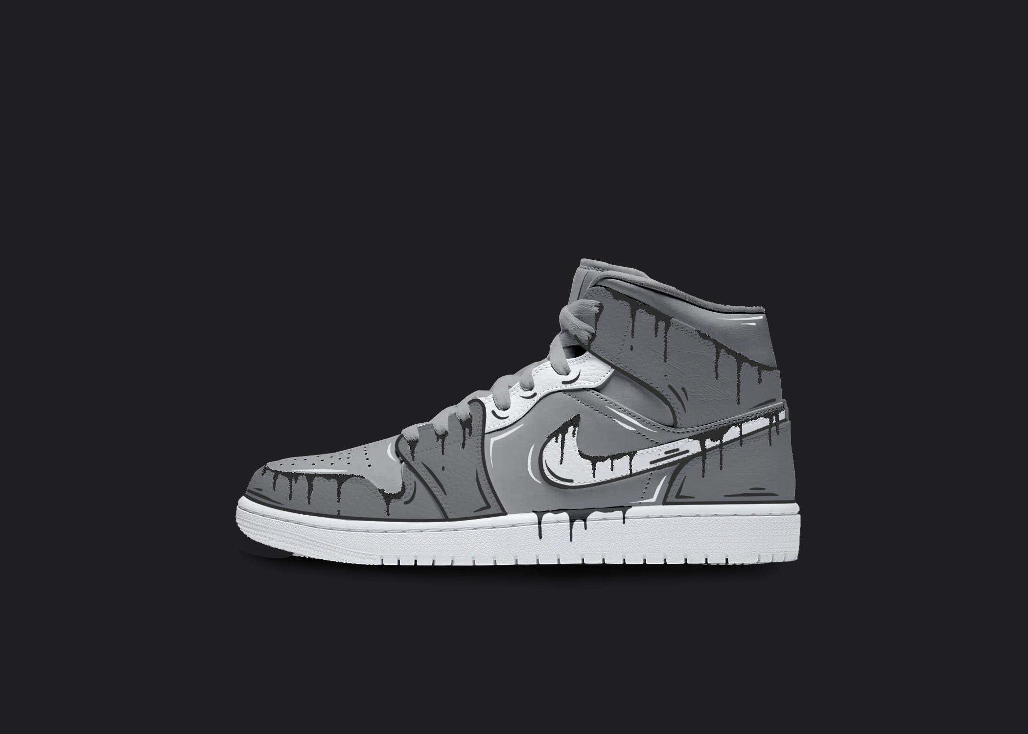 Custom Jordan 1 - Cartoon Gray on Gray, hand-painted custom sneaker by Wokecustoms