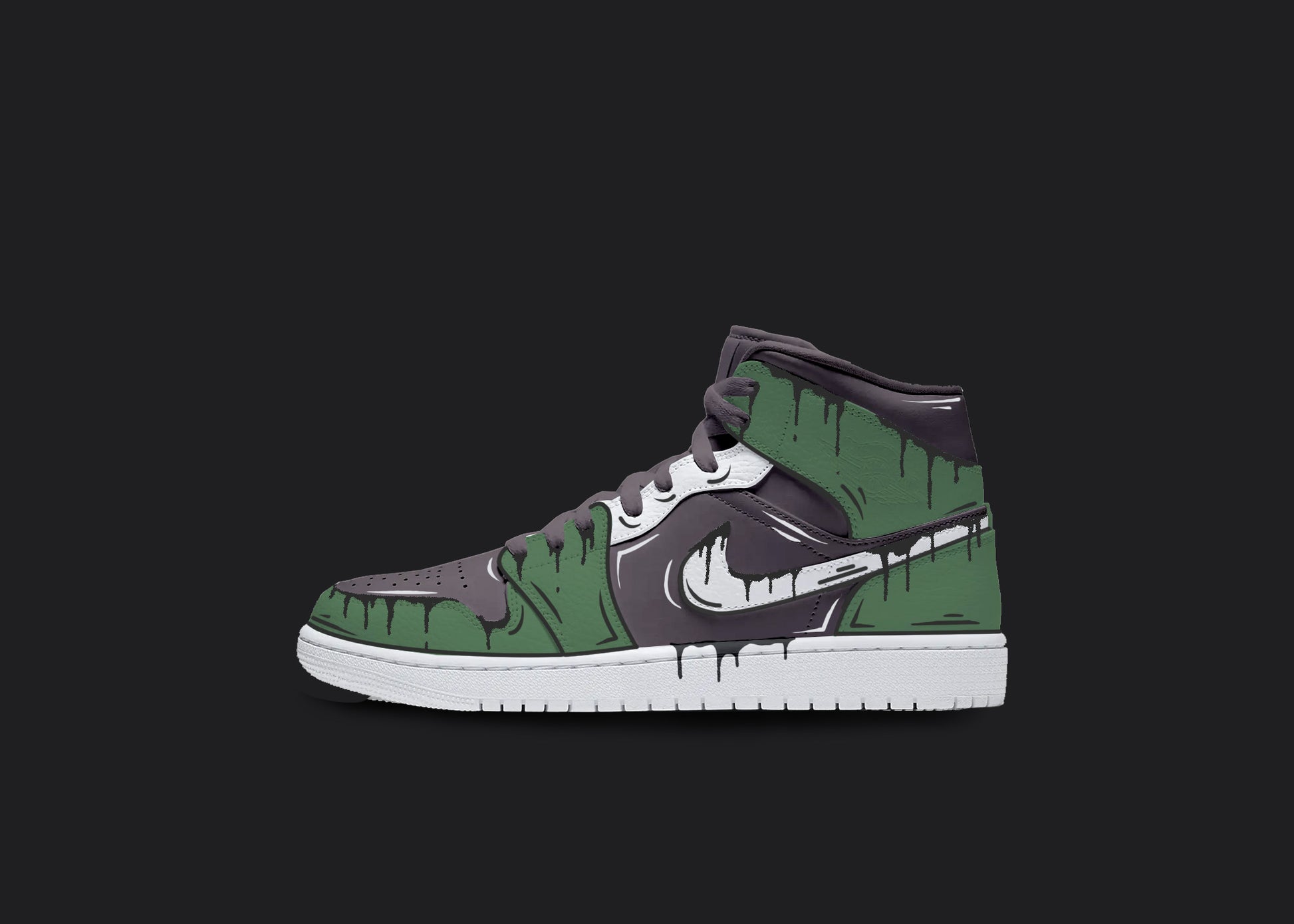 The image is featuring a custom black Air Jordan 1 sneaker on a blank black background. The white jordan sneaker has a custom green and purple cartoon design all over the sneaker. 