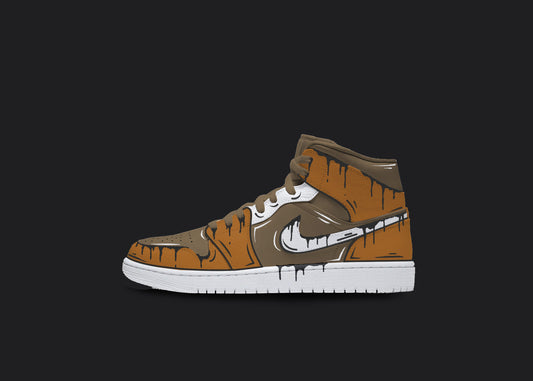 Custom Nike jordan 1s are displayed on a dark blank background. The sneakers feature a white sole with various custom painted sections. The Nike logo has a black dripping design, whereas the front strip and back of the sneakers have a brown and gray cartoon design. The custom sneakers' laces are in gray color.
