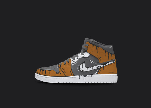 Custom Nike jordan 1s are displayed on a dark blank background. The sneakers feature a white sole with various custom painted sections. The Nike logo is a dripping design, whereas the front strip and back of the sneakers have a orange and gray cartoon design. The custom sneakers' laces are in gray color.
