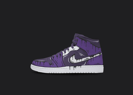The image is featuring a custom black Air Jordan 1 sneaker on a blank black background. The white jordan sneaker has a custom purple on purple cartoon design all over the sneaker. 
