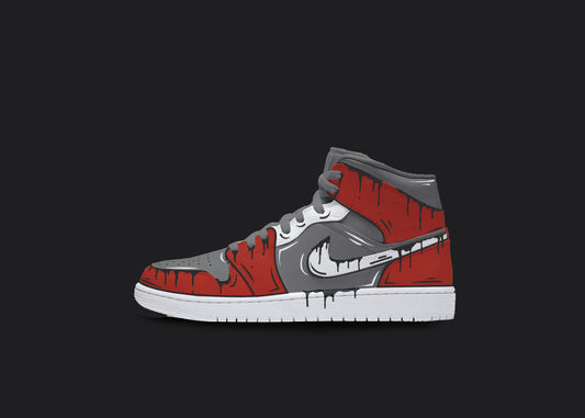 Custom Nike jordan 1s are displayed on a dark blank background. The sneakers feature a white sole with various custom painted sections. The Nike logo is a dripping design, whereas the front strip and back of the sneakers have a red and gray cartoon design. The custom sneakers' laces are in gray color.